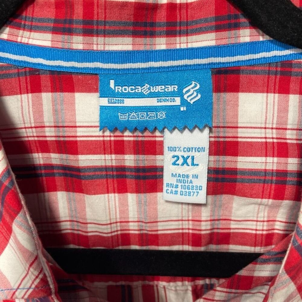 Rocawear Men's Shirt 2XL Red White Plaid Short Sleeve Button Up Checkered Camp - Picture 4 of 14